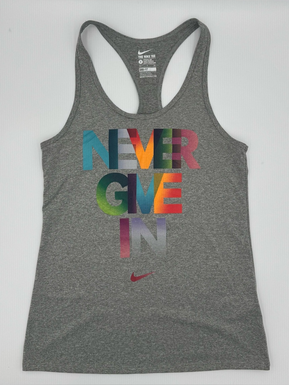 Nike Gray Racerback Tank with Multicolor "Never Give In" Graphic